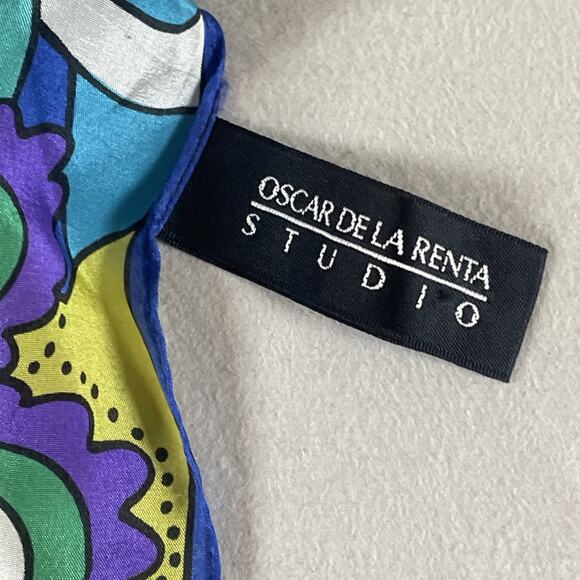 Oscar De La Renta 100% Silk Scarf Vtg Vivid Bright Pattern Blue Purple Green - Picture 6 of 12